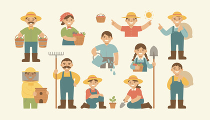 Fototapeta premium Cute cartoon characters of diverse farmers, gardeners, and beekeepers holding various tools like rakes, baskets, and shovels.