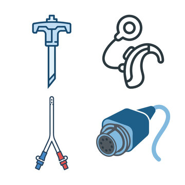 Medical equipment vector icons set, surgical trocar and hearing aid device, dialysis catheter and electronic sensor connector, healthcare technology symbols isolated on White Background