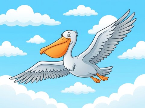 Happy cartoon pelican bird flying in the bright blue sky with white fluffy clouds