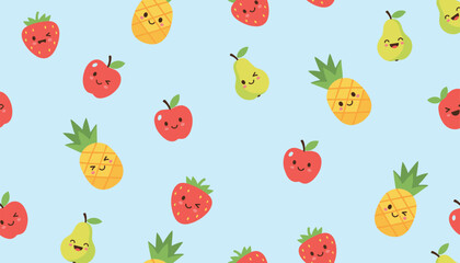 Fototapeta premium Cute seamless pattern of happy cartoon fruits including strawberries, apples, pears, and pineapples on blue.