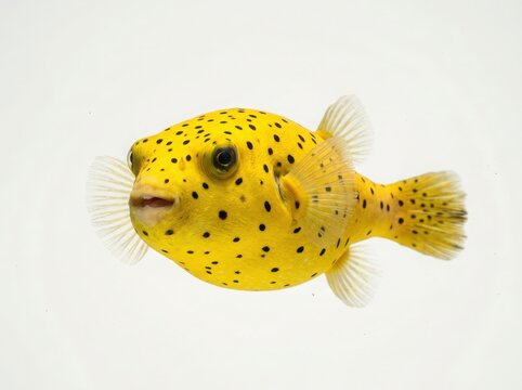 A cute yellow puffer fish swimming underwater in the ocean