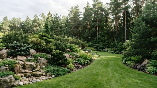 A peaceful garden landscape featuring a lush green lawn bordered by decorative rocks and dense pine trees
