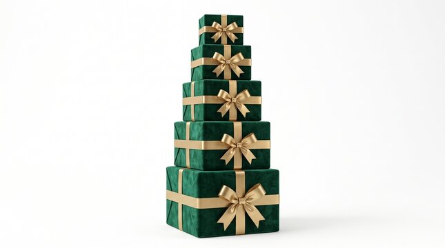 Christmas gift boxes stacked in a pyramid with gold ribbons and green velvet