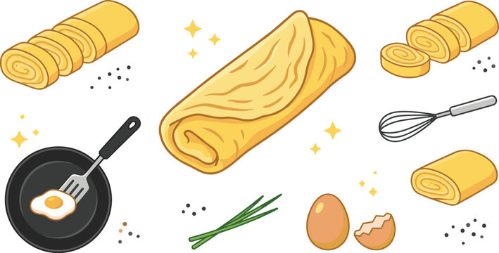 Omelet roll vector illustration collection featuring sliced tamagoyaki egg rolls, frying pan with fried egg, kitchen wire whisk, fresh chives, peppercorns, and eggshells.