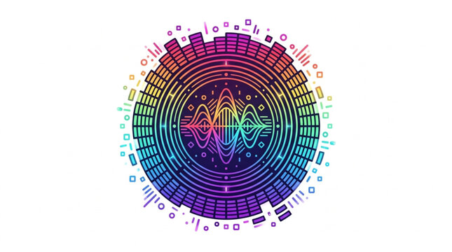 Colorful circular sound wave design with musical notes.