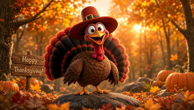 Happy cartoon turkey bird wearing pilgrim hat and standing on rock in autumn forest landscape with pumpkins and fall leaves celebrating thanksgiving holiday season with warm light.