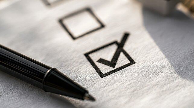 A pen rests beside a checklist with a checked box and an empty one