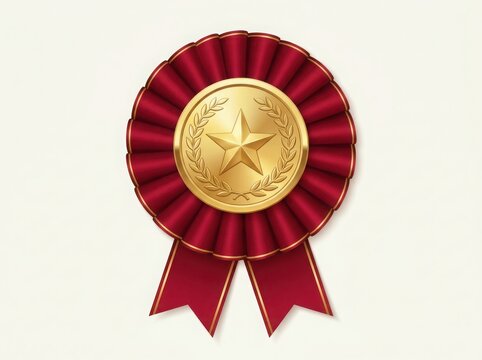 A shiny bronze award ribbon badge with a star symbol and maroon pleated fabric rosette for competition winner and achievement