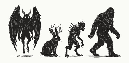 Fototapeta premium Hand Drawn Ink Illustration of Mythical Cryptids and Urban Legend Folklore Monsters