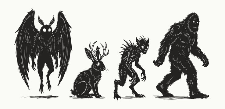 Hand Drawn Ink Illustration of Mythical Cryptids and Urban Legend Folklore Monsters