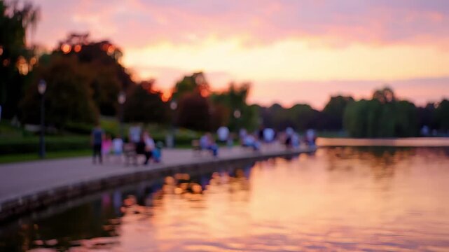 Blurred image of people strolling along a lakeside path at a vibrant sunset, with colorful sky reflections on the water and distant trees.