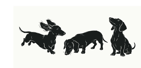 Naklejka premium Dachshund dog silhouettes in various poses for pet branding and minimalist animal design