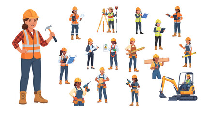 Fototapeta premium female construction workers collection engineers builders surveyors architects safety vector illustration set