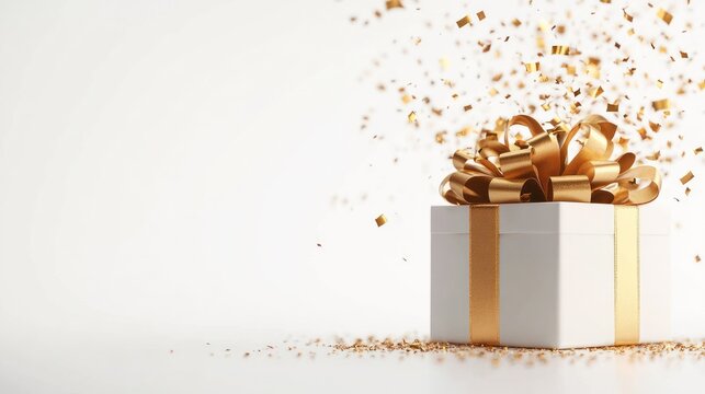 Golden Gift Box with Confetti: A beautifully wrapped gift box adorned with a golden ribbon sits elegantly, as shimmering golden confetti rains down, creating an atmosphere of celebration and surprise.