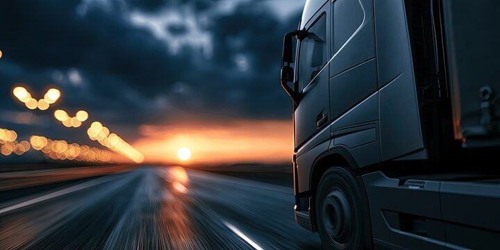 Truck driving on a highway at sunset with blurred lights