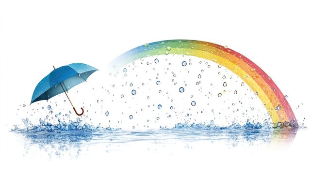 Umbrella and Rainbow Shower: A blue umbrella bravely shelters from a whimsical shower of water droplets, as a vibrant rainbow arches gracefully in the background, symbolizing hope and resilience.