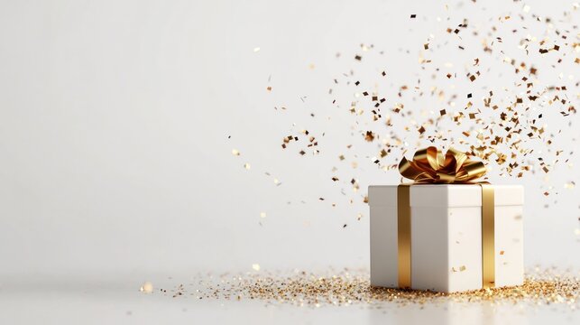 Golden Surprise: A festive gift box adorned with gold ribbon sits on a minimalist surface, showered with shimmering gold confetti, evoking a sense of celebration and luxury.