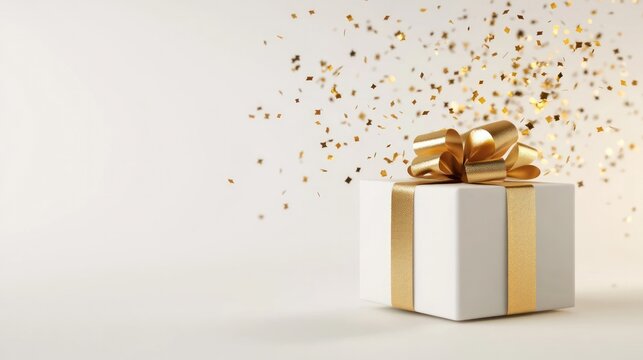 Elegant Gift Box with Golden Confetti: A pristine white gift box adorned with a luxurious golden ribbon and bow is surrounded by a cascade of shimmering golden confetti.