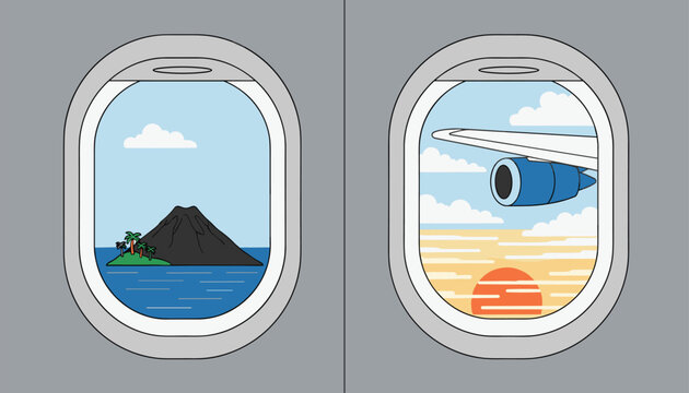 Airplane windows showing beautiful travel views of a volcanic island in the ocean and a plane wing over the sunset.