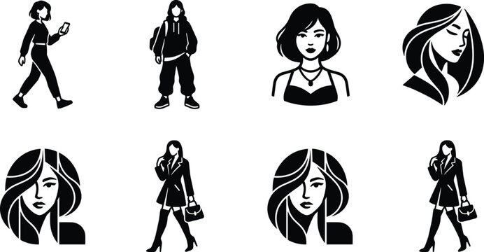  Beautiful woman lifestyle silhouette vector icon set featuring flat black fashion female character designs for beauty salon brand marketing