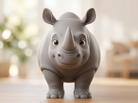 Cute cartoon baby rhinoceros standing in a bright room looking at the camera with big friendly eyes for children book illustration