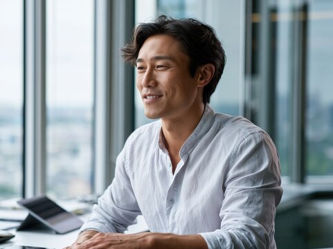 Confident Businessman in Modern Office Setting with City View