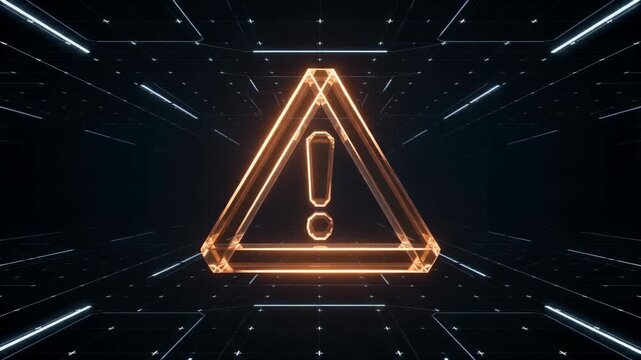 Glowing triangular warning sign with an exclamation mark in a dark digital space filled with glowing lines