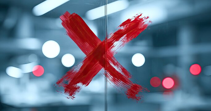 Red 'X' painted on glass door, blurred background of lights