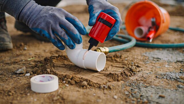 Plumber using pipe cutter on pvc pipe during plumbing installation work