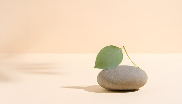 Ultra-realistic image of a smooth natural river stone with a vibrant green leaf, symbolizing luxurious Sustainable Living, ecological balance, and mindful serenity
