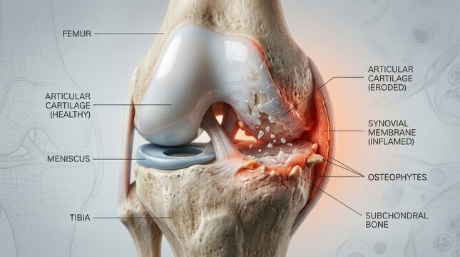 Articular tissue breakdown: healthy capsule, eroded cartilage, inflamed membrane, osteophyte formation, femur tibia, medical arthritis, chronic arthrosis, severe osteoarthritis.