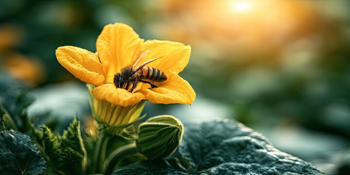 A bee rests on a vibrant yellow flower, collecting nectar in soft sunlight