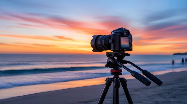 Camera on tripod capturing sunset over ocean