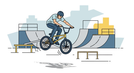 Fototapeta premium BMX rider performing a jump trick in a skatepark with ramps and obstacles