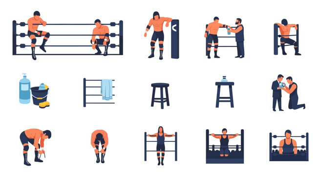 Boxing Ring and Fighter Vector Icon Set