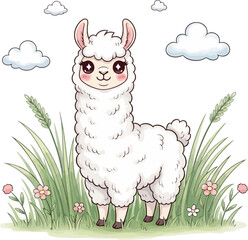 Fototapeta premium Cute cartoon white llama standing in tall green grass under blue clouds vector art illustration
