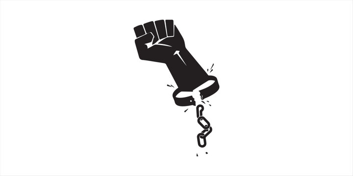 Freedom and Human Rights Silhouette Icon. Broken Shackles with Fist Raised Up Black Icon. Chain of Slavery Damaged. National Freedom Day Juneteenth. Vector Isolated Illustration.