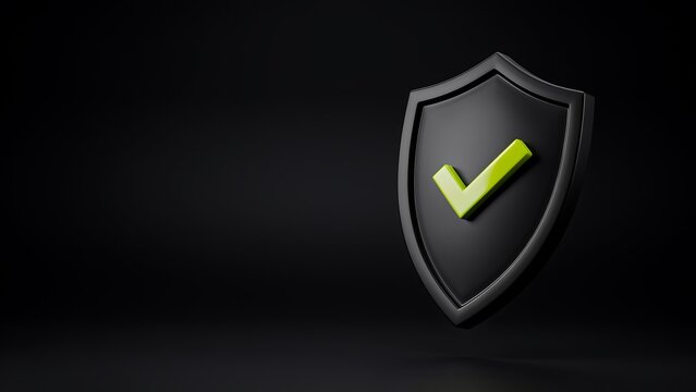 Black shield with green check mark representing digital security and protection concept