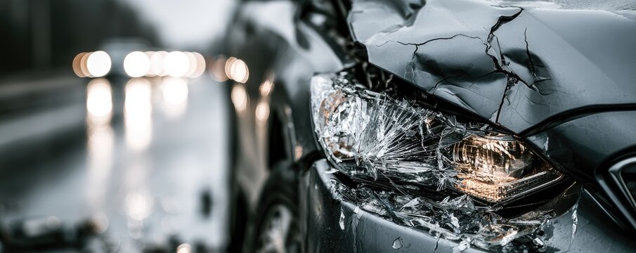 Close-up of a severely damaged car headlight and crumpled hood after a collision
