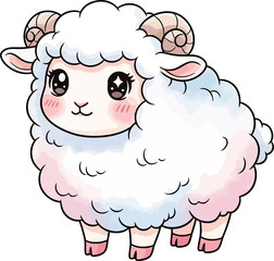 Fototapeta premium Fluffy white cartoon ram with curved horns standing on a plain transparent background vector art illustration