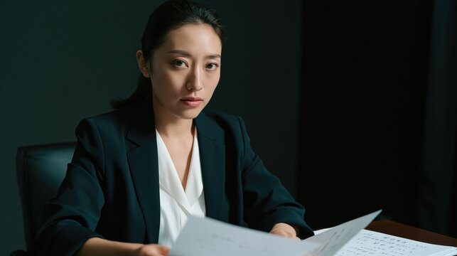 Strict Examiner Reviewing Application Papers in Dramatic Lighting