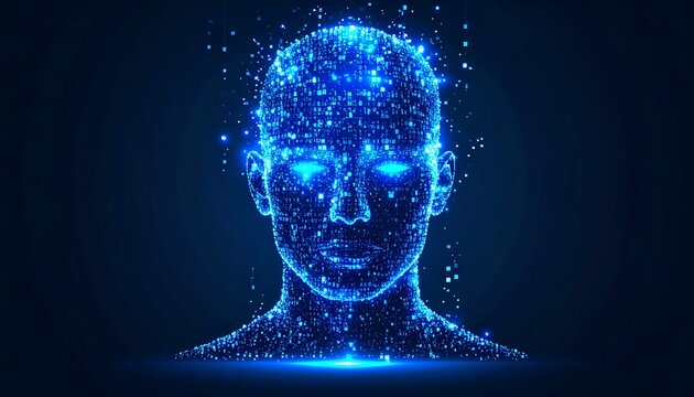 Abstract 3D rendered glowing human head with neural network.