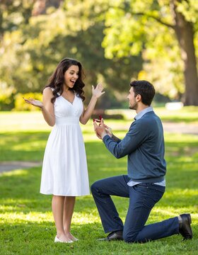 Man Proposing Marriage to Surprised Woman in Park.