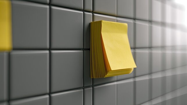 Bright yellow sticky notes adhere to a textured grey wall