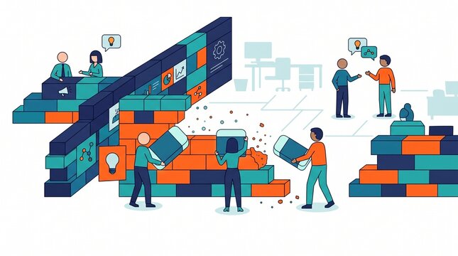 Business professionals communicating and assembling puzzle bricks to solve problems and achieve company goals