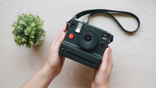Person holding vintage black instant camera