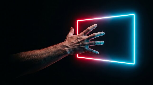 Human arm and hand emerging from shadows toward a blue and red neon frame.