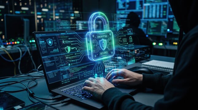 Cyber security specialist protecting data with digital encryption lock on screen, information safety and privacy, hacker defense and network protection technology