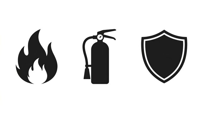 Collection of fire safety symbols including flame, extinguisher, and protection shield.