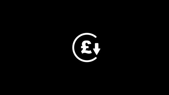 Abstract pound rate increase stretching arrow down icon, pound rate down looped icon concept. pound currency price down animation. Circle with down arrow sign on black background.